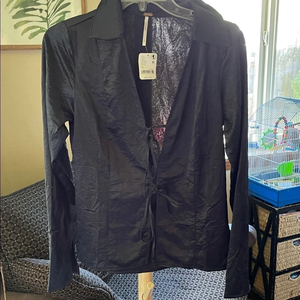 Free People Black Satin Tie-Front Top - Picture 5 of 8